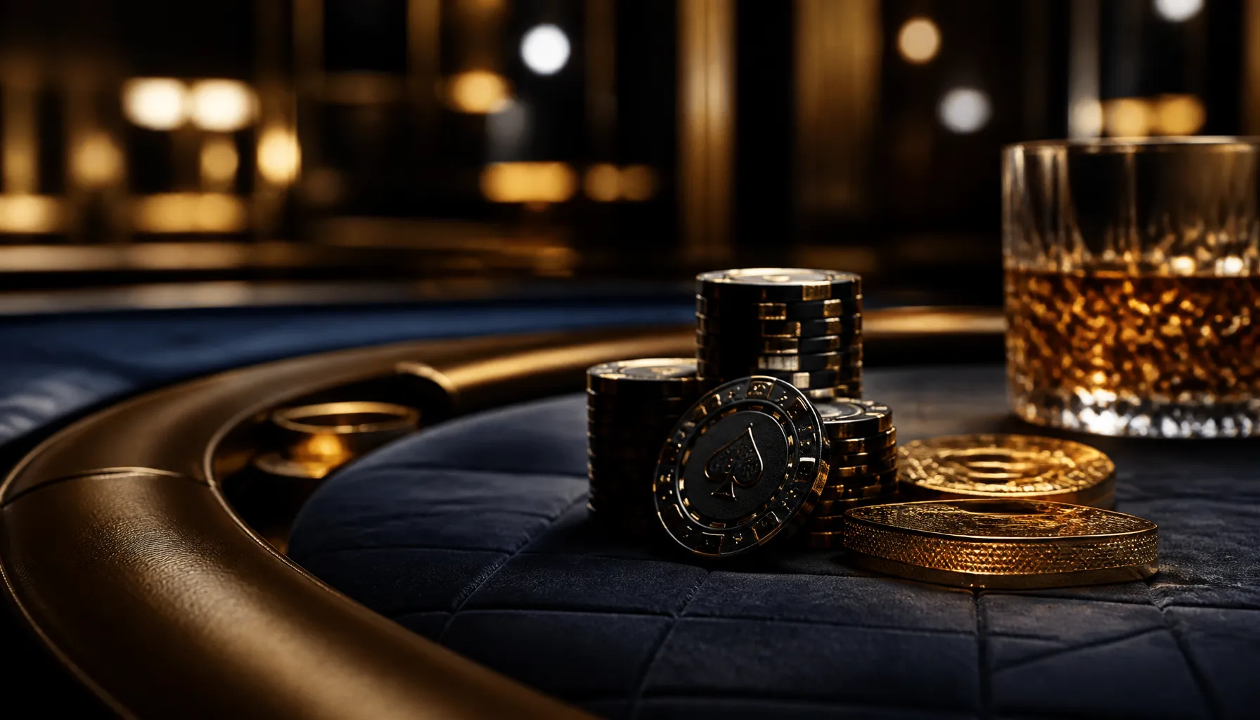Cinematic photorealistic golden treasure chest overflowing with ancient coins inside a dramatic stone labyrinth corridor with