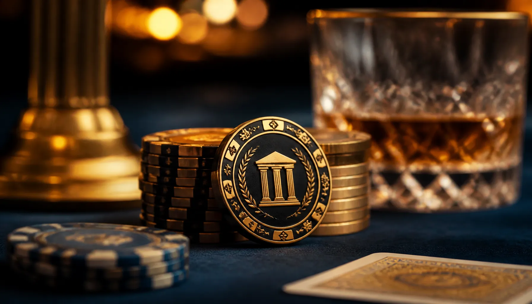 Cinematic photorealistic golden treasure chest overflowing with ancient coins inside a dramatic stone labyrinth corridor with