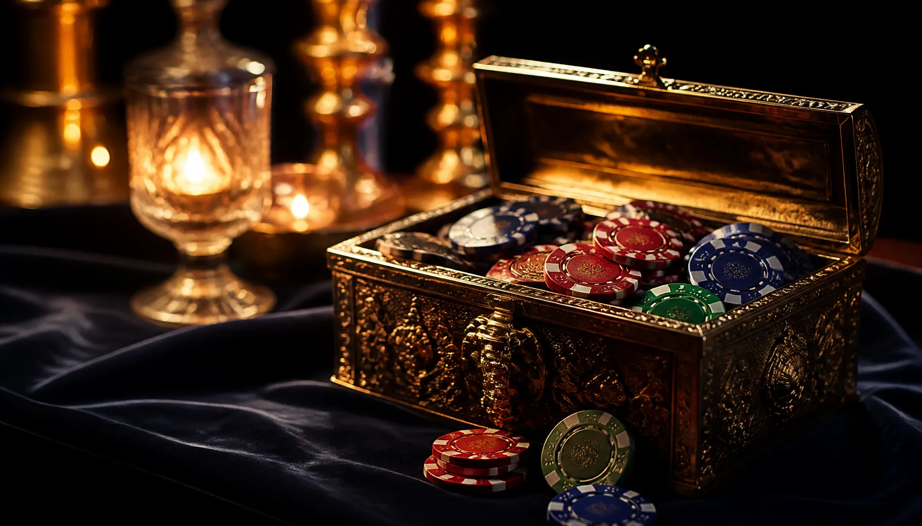 Cinematic photorealistic golden treasure chest overflowing with ancient coins inside a dramatic stone labyrinth corridor with